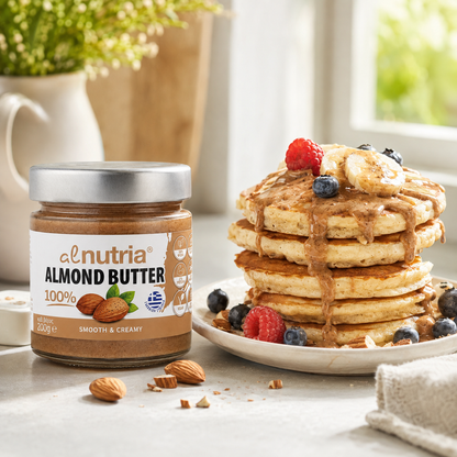 Pancakes με αμυγδαλοβούτυρο alnutria 100% από ελληνικά αμύγδαλα